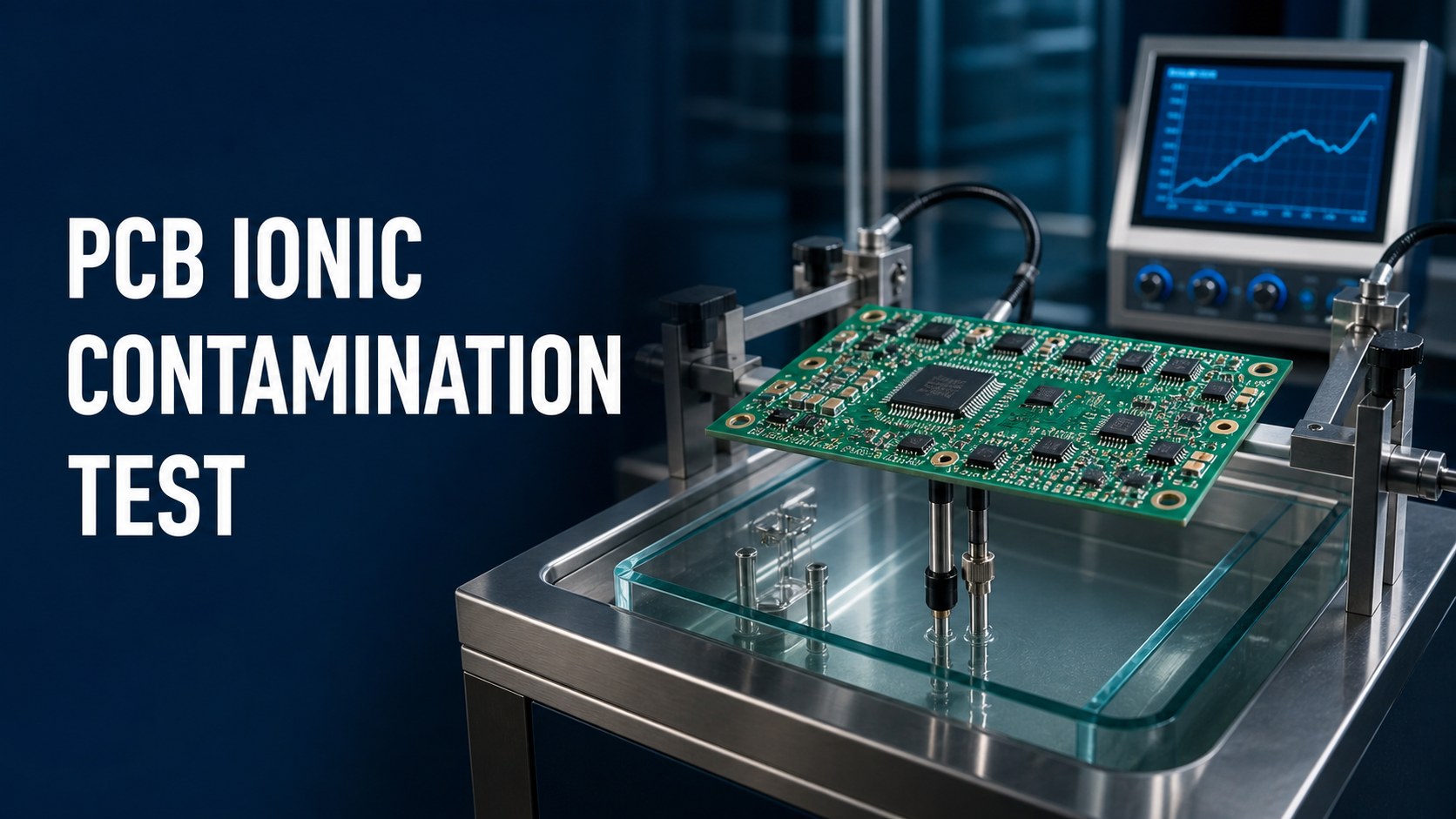 Populated PCB positioned above an ionic contamination test extraction bath