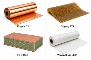 Copper foil, prepreg, FR-4 core, and woven glass cloth used in PCB materials