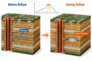 Before-and-after PCB cross section showing absorbed moisture becoming vapor pressure during reflow