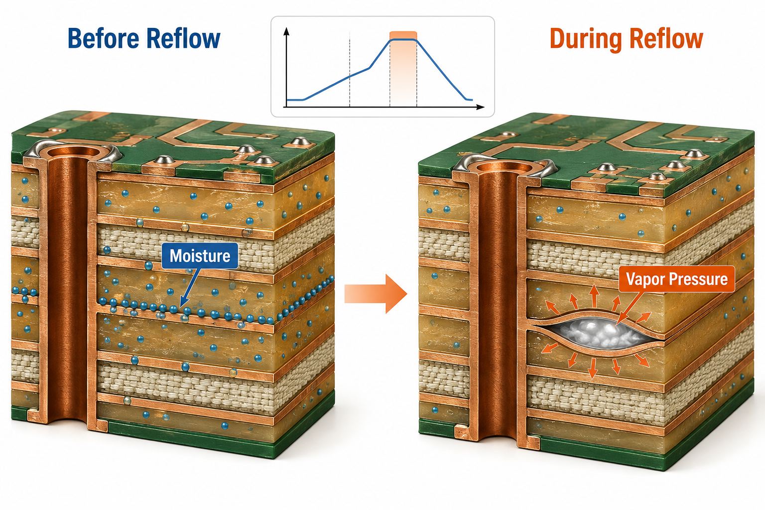 Before-and-after PCB cross section showing absorbed moisture becoming vapor pressure during reflow