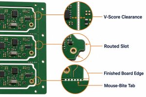 PCB panelization DFM details showing V-score clearance, routed slot, breakaway tab, and mouse-bite features