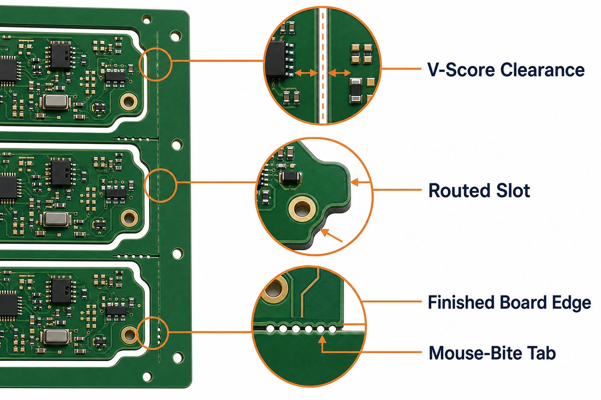 PCB panelization DFM details showing V-score clearance, routed slot, breakaway tab, and mouse-bite features