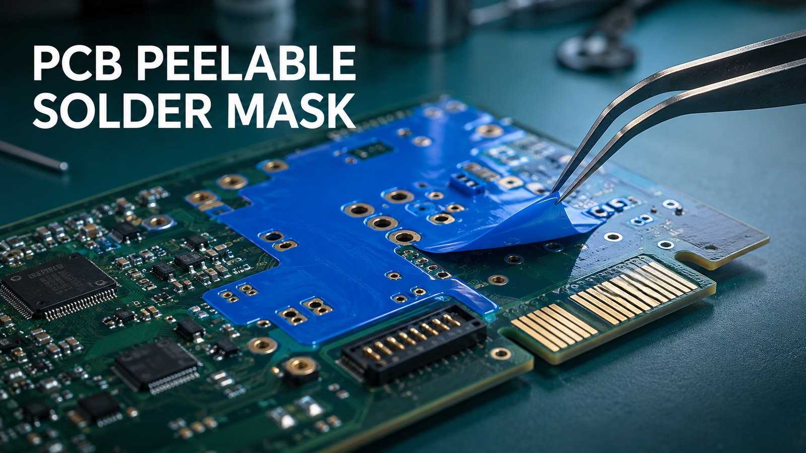 PCB peelable solder mask protecting selected through-holes and contacts before removal