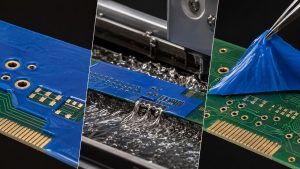 Three-stage PCB peelable solder mask process showing protection, wave soldering and clean removal