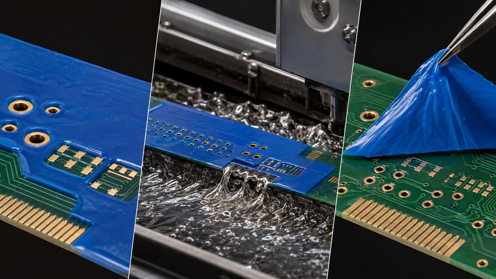 Three-stage PCB peelable solder mask process showing protection, wave soldering and clean removal