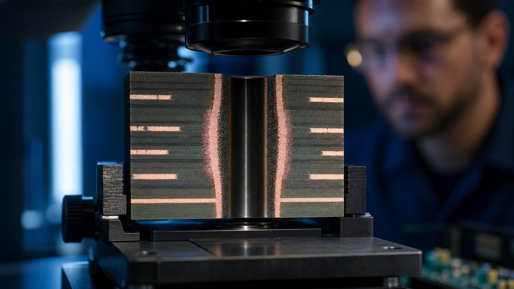 Multilayer PCB microsection showing a pink copper-colored ring around a plated through-hole