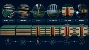 PCB pink ring prevention workflow covering bond treatment, lamination, drilling, desmear, sectioning and verification