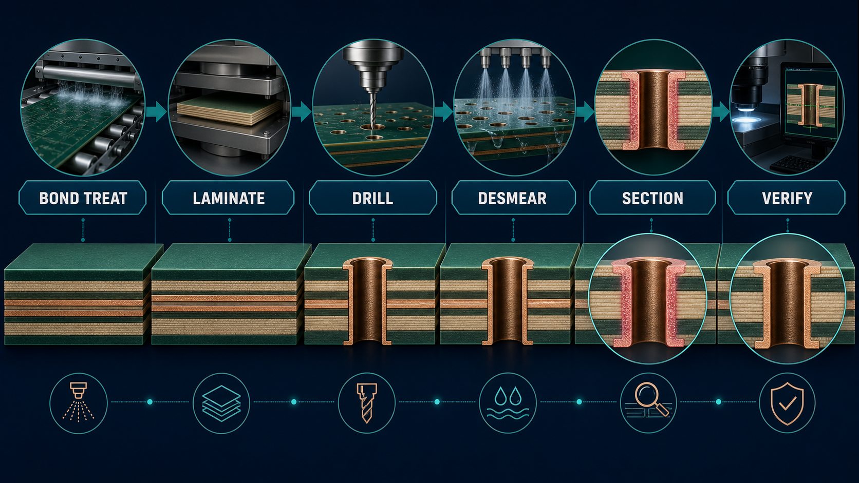 PCB pink ring prevention workflow covering bond treatment, lamination, drilling, desmear, sectioning and verification