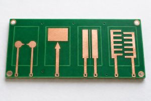 PCB spark gap electrode shapes, four exposed copper geometries on a test coupon
