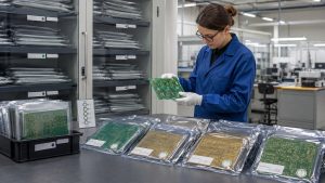 Quality engineer inspecting date-controlled bare PCBs in moisture-barrier packaging