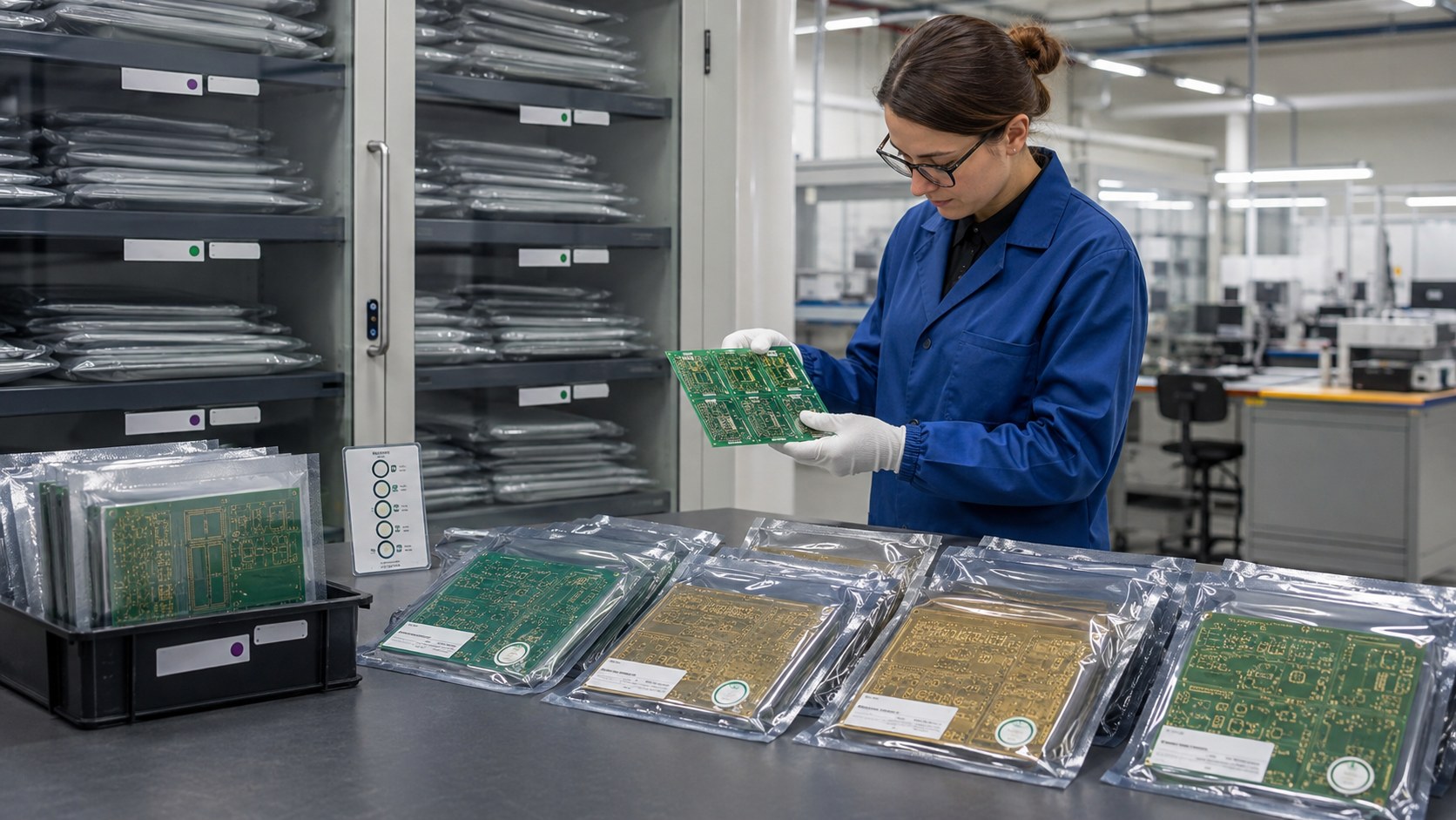 Quality engineer inspecting date-controlled bare PCBs in moisture-barrier packaging