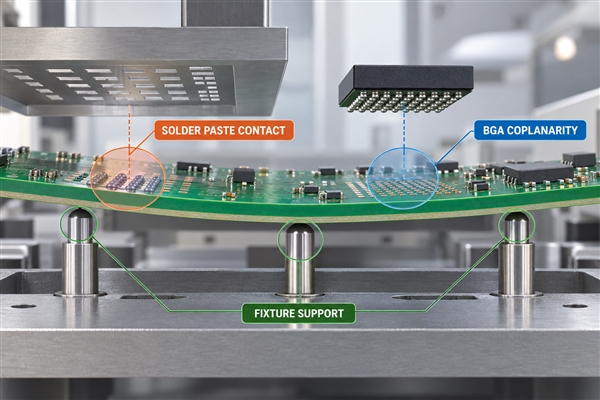 Conceptual illustration of PCB flatness effects on stencil contact, BGA coplanarity and fixture support