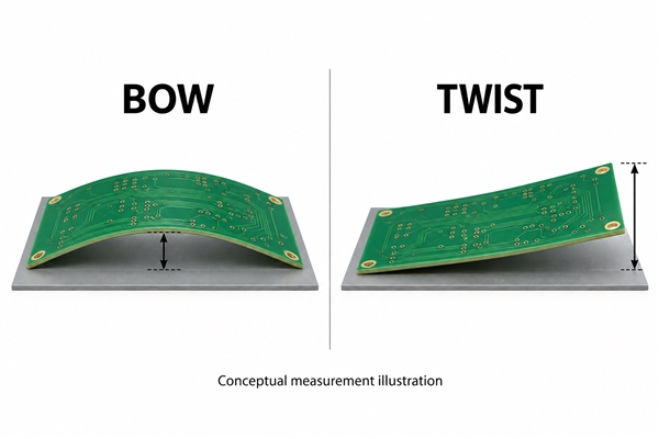 Conceptual comparison of PCB bow and PCB twist against a flat reference plane