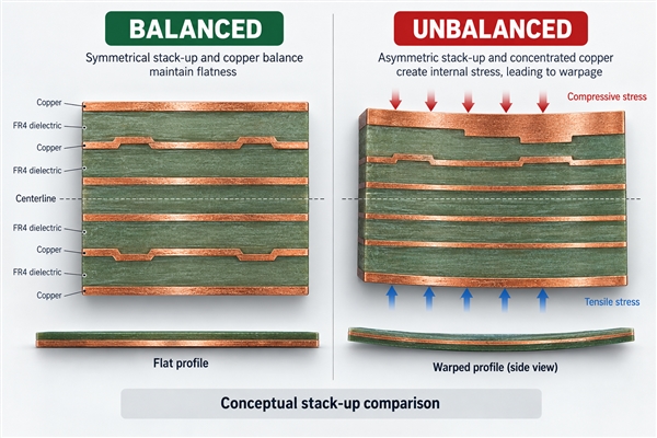 Conceptual PCB stack-up comparison showing balanced and unbalanced copper distribution