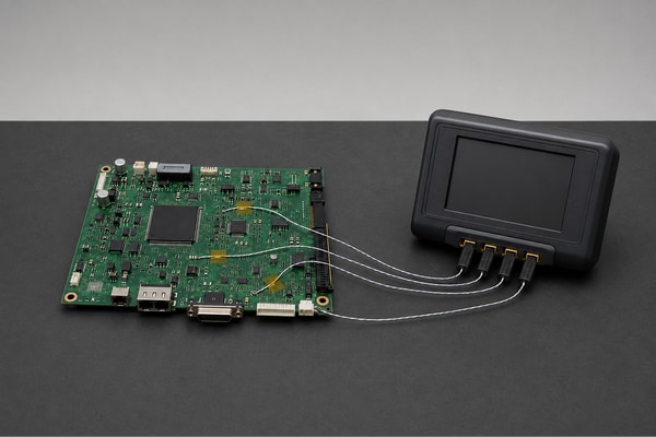 Vapor phase soldering, illustrative PCB with thermocouple leads connected to a logger with a blank display