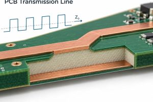 PCB transmission line cross-section showing signal trace dielectric reference plane and characteristic impedance
