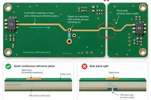 PCB controlled impedance routing over continuous reference plane with via transition and plane split comparison