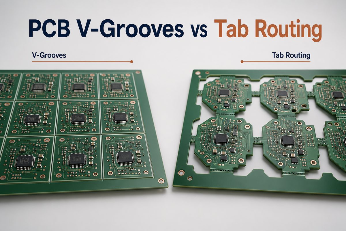 PCB V-grooves vs tab routing comparison with a straight scored panel and an irregular tab-routed panel