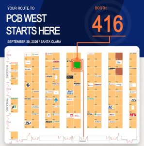 PCB West 2026 floor plan with Booth 416 highlighted and a route from the entrance