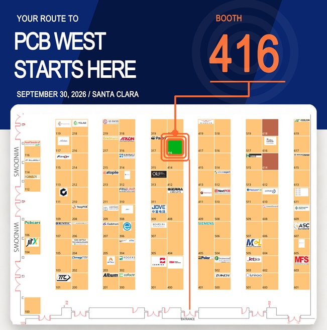 PCB West 2026 floor plan with Booth 416 highlighted and a route from the entrance