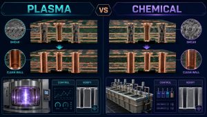 Comparison of plasma and chemical PCB desmear routes from resin smear to a clean hole wall