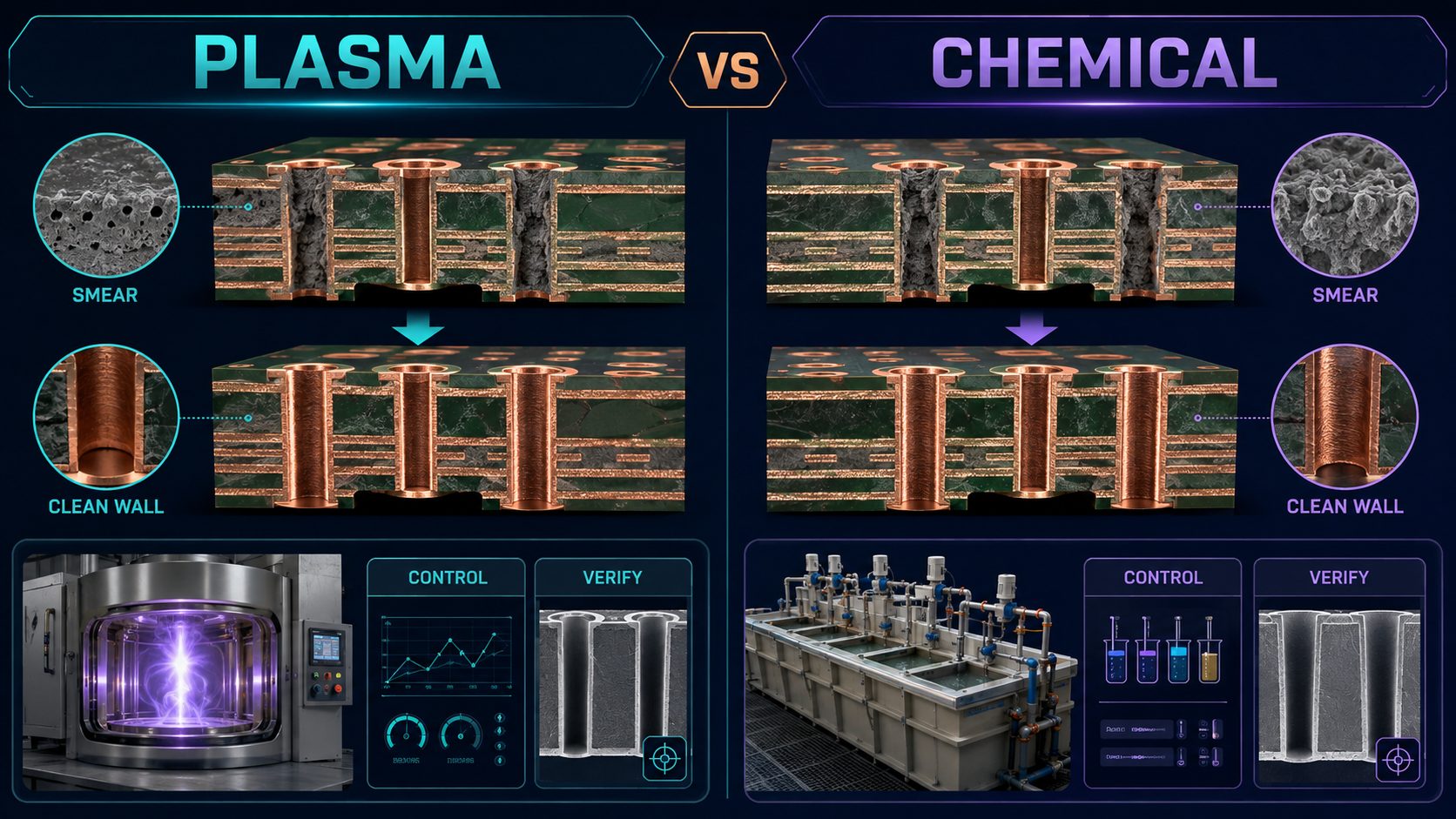 Comparison of plasma and chemical PCB desmear routes from resin smear to a clean hole wall