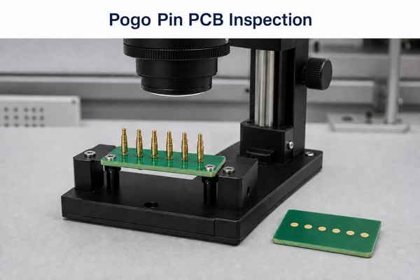 Pogo pins PCB, photorealistic illustrative microscope inspection of a six-contact carrier beside solid target pads