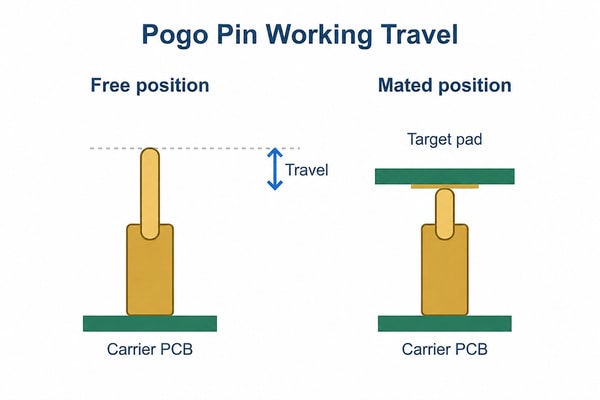 Pogo pins PCB, conceptual diagram of free and mated positions with a working-travel arrow