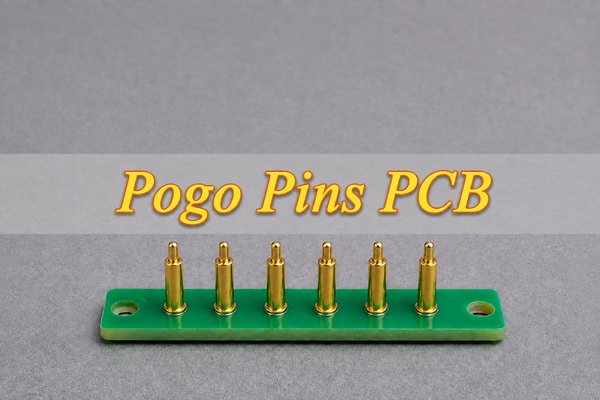 Pogo pins PCB, illustrative six-contact green carrier board with a centered title