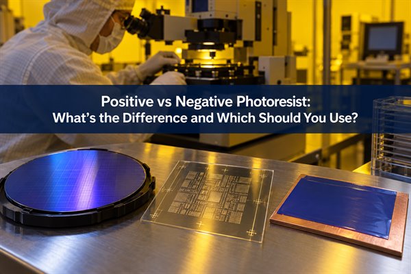 Positive vs negative photoresist, coated wafer, photomask and PCB coupon at a photolithography workstation