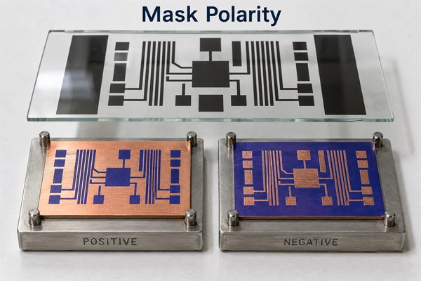 Positive vs negative photoresist, glass photomask above positive and negative developed copper coupons