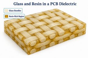 Conceptual woven glass bundles and resin-rich regions within a PCB dielectric