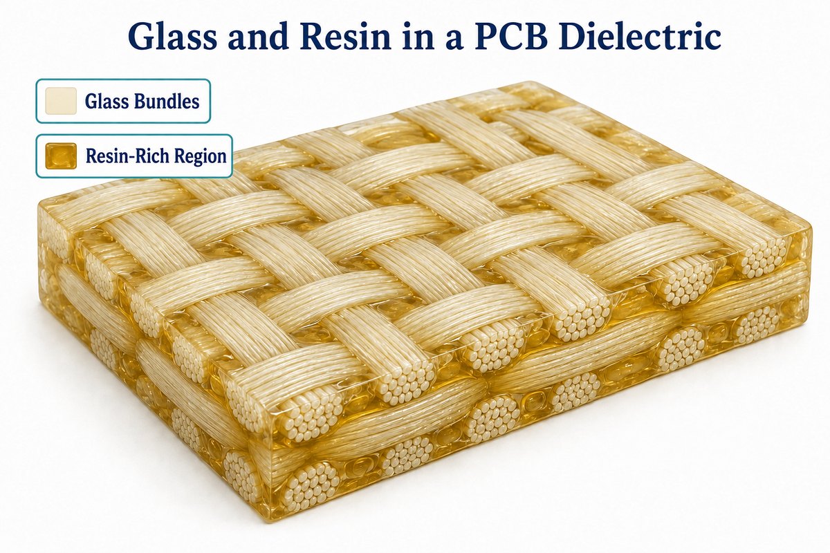 Conceptual woven glass bundles and resin-rich regions within a PCB dielectric