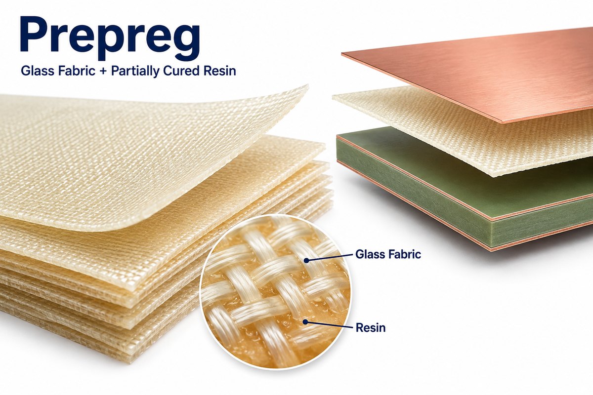 Prepreg: woven glass fabric impregnated with partially cured resin for PCB lamination