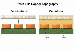 Conceptual cross-sections before and after lamination showing resin filling between copper traces
