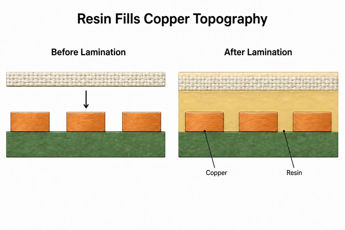 Conceptual cross-sections before and after lamination showing resin filling between copper traces