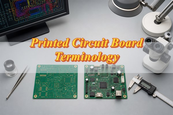 Printed circuit board terminology, bare PCB and assembled PCB beside CAD and inspection tools