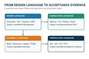 PCB terminology workflow from design through fabrication, assembly, and verification