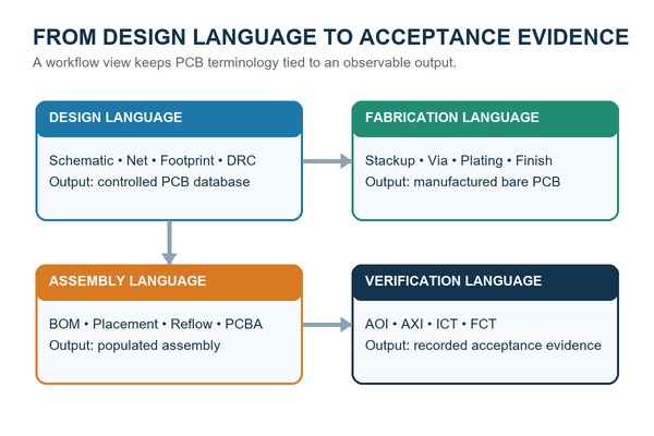 PCB terminology workflow from design through fabrication, assembly, and verification