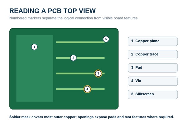 PCB feature terms shown on a top-view board with plane, trace, pad, via, silkscreen, and solder mask
