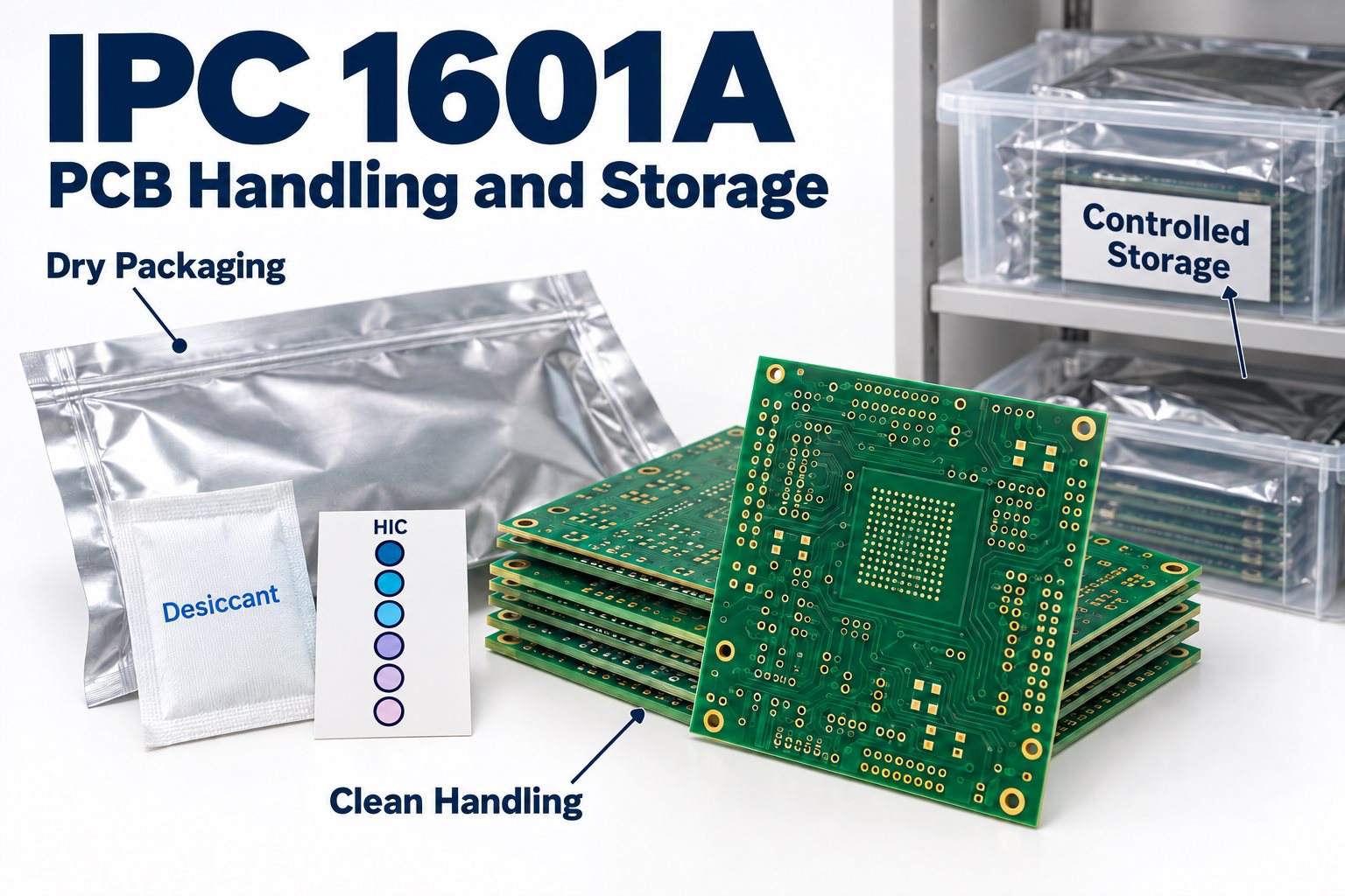 IPC 1601A PCB handling and storage illustration with bare boards, dry packaging and humidity indicator card