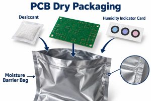 Moisture barrier bag, desiccant and humidity indicator card arranged around a bare PCB