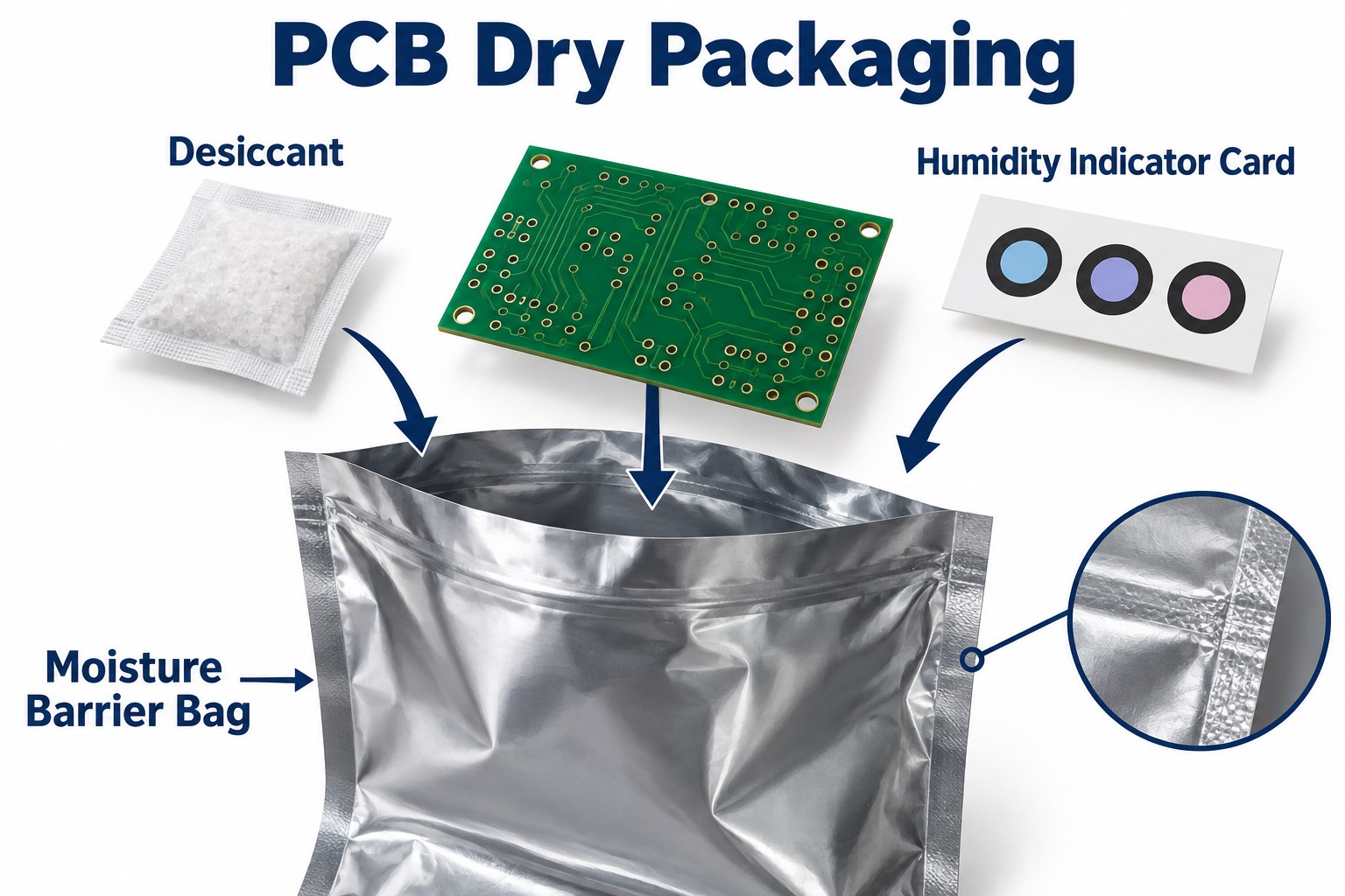 Moisture barrier bag, desiccant and humidity indicator card arranged around a bare PCB