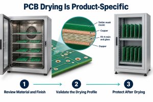 PCB drying review showing an oven, copper and resin cross section, and protected storage after drying