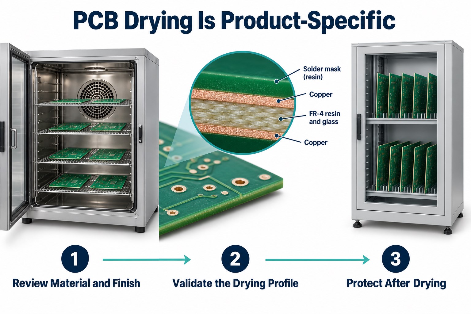 PCB drying review showing an oven, copper and resin cross section, and protected storage after drying