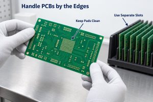Gloved hands holding a bare PCB at its edges beside a slotted storage rack