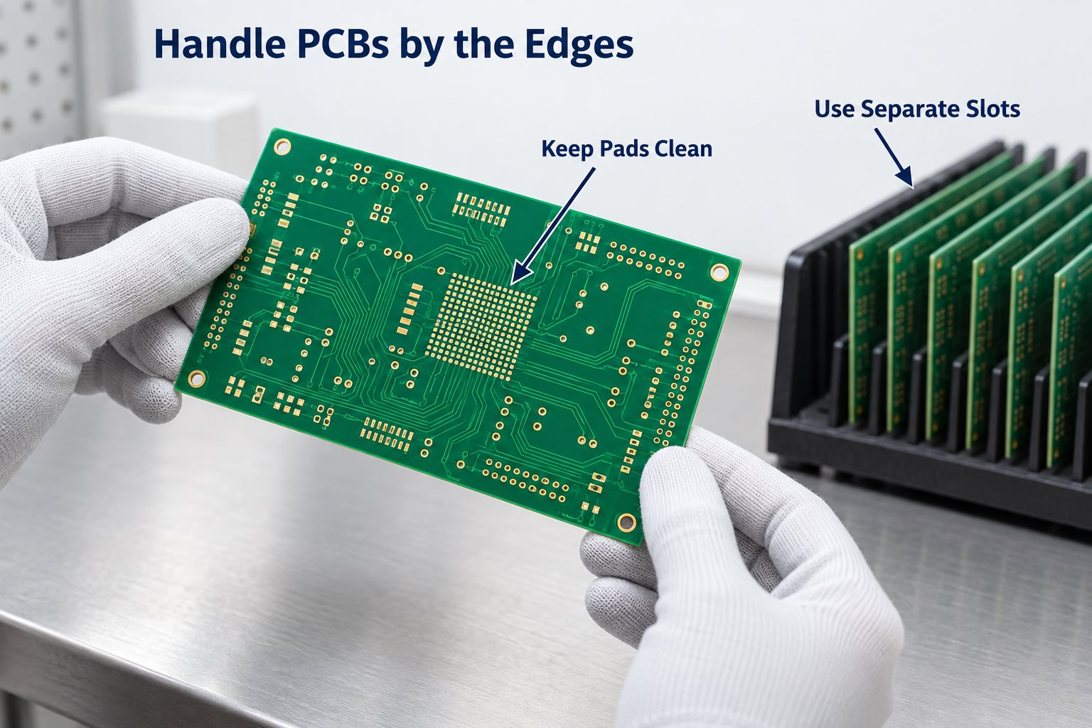 Gloved hands holding a bare PCB at its edges beside a slotted storage rack