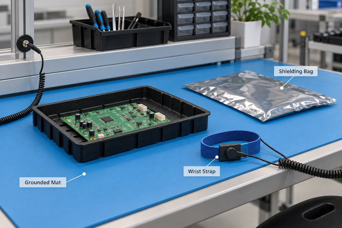 ESD workstation illustration with a grounded mat, wrist strap, shielding bag, and PCB tray