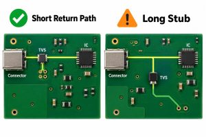 Conceptual comparison of a short TVS return path and a long protection stub on PCB layouts