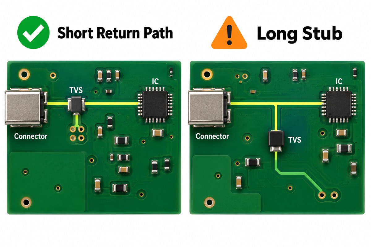 Conceptual comparison of a short TVS return path and a long protection stub on PCB layouts